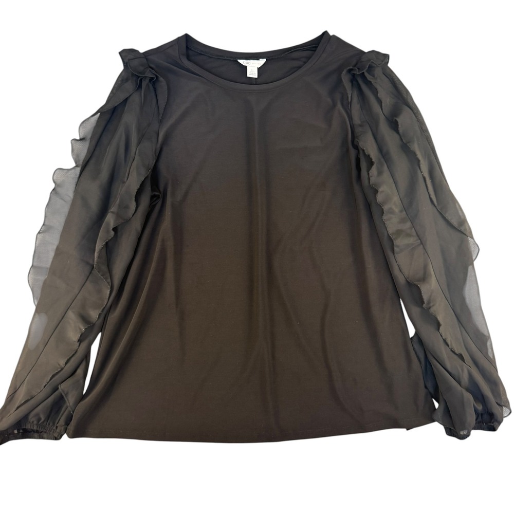 Cato Black Ruffle Mesh Long Sleeve Top‎ Crew Neck Blouse Large